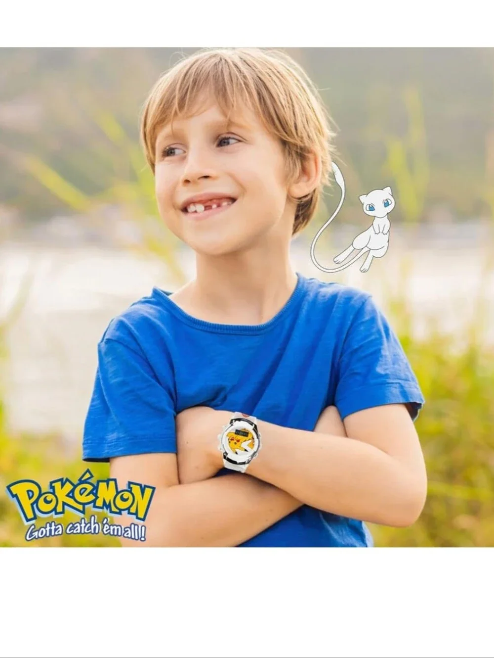 Kids Flashing LCD Watch - White with Pikachu, Bulbasaur & Charmander